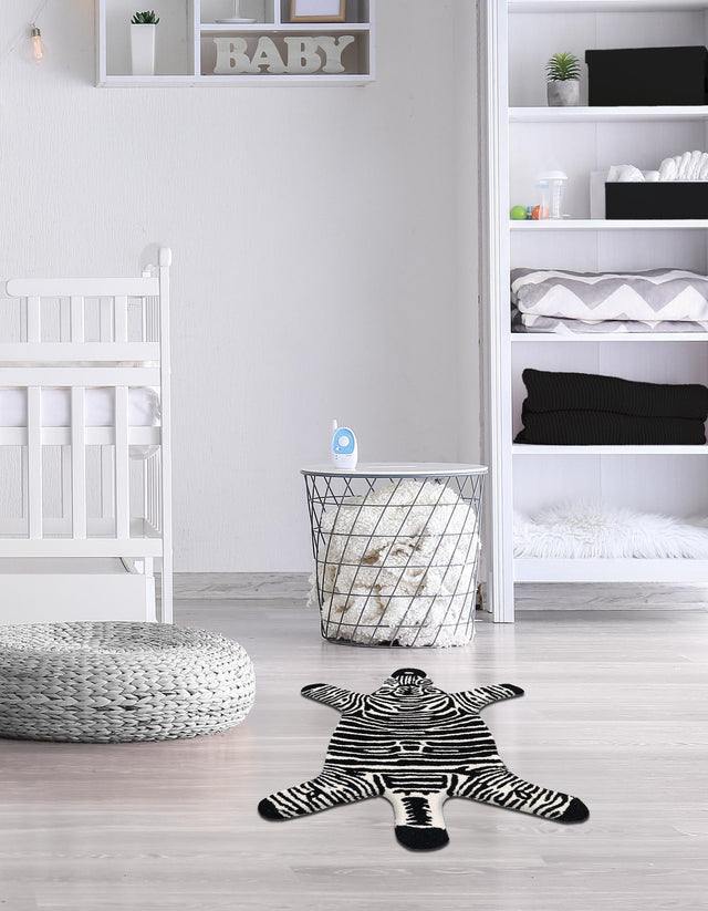 Black and White 4' 1 x 6' 1 Playtime Kids Wool Free Form Rug