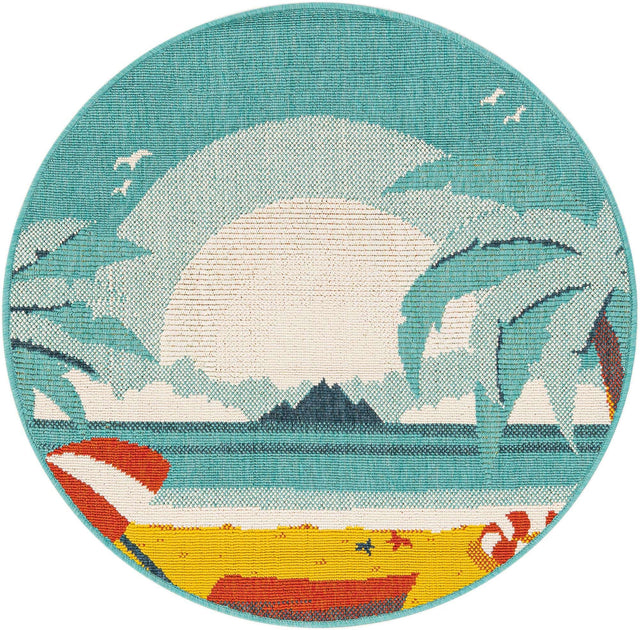 Multicolor 3' 1 x 3' 1 Outdoor Coastal Round Area Rug Weather Resistant for Patio, Deck, Terrace, Balcony, Porch 100% Polypropylene Coastal Decor Carpet for Sale at Rug Engine