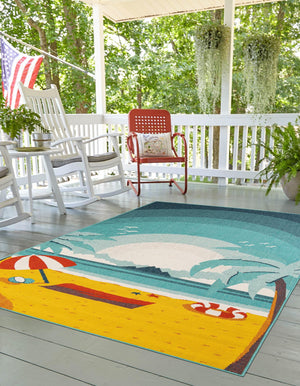 Multicolor 7' 10 x 10' Outdoor Coastal Rectangle Area Rug Weather Resistant for Patio, Deck, Terrace, Balcony, Porch 100% Polypropylene Coastal Decor Carpet for Sale at Rug Engine