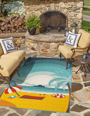 Multicolor 7' 10 x 10' Outdoor Coastal Rectangle Area Rug Weather Resistant for Patio, Deck, Terrace, Balcony, Porch 100% Polypropylene Coastal Decor Carpet for Sale at Rug Engine
