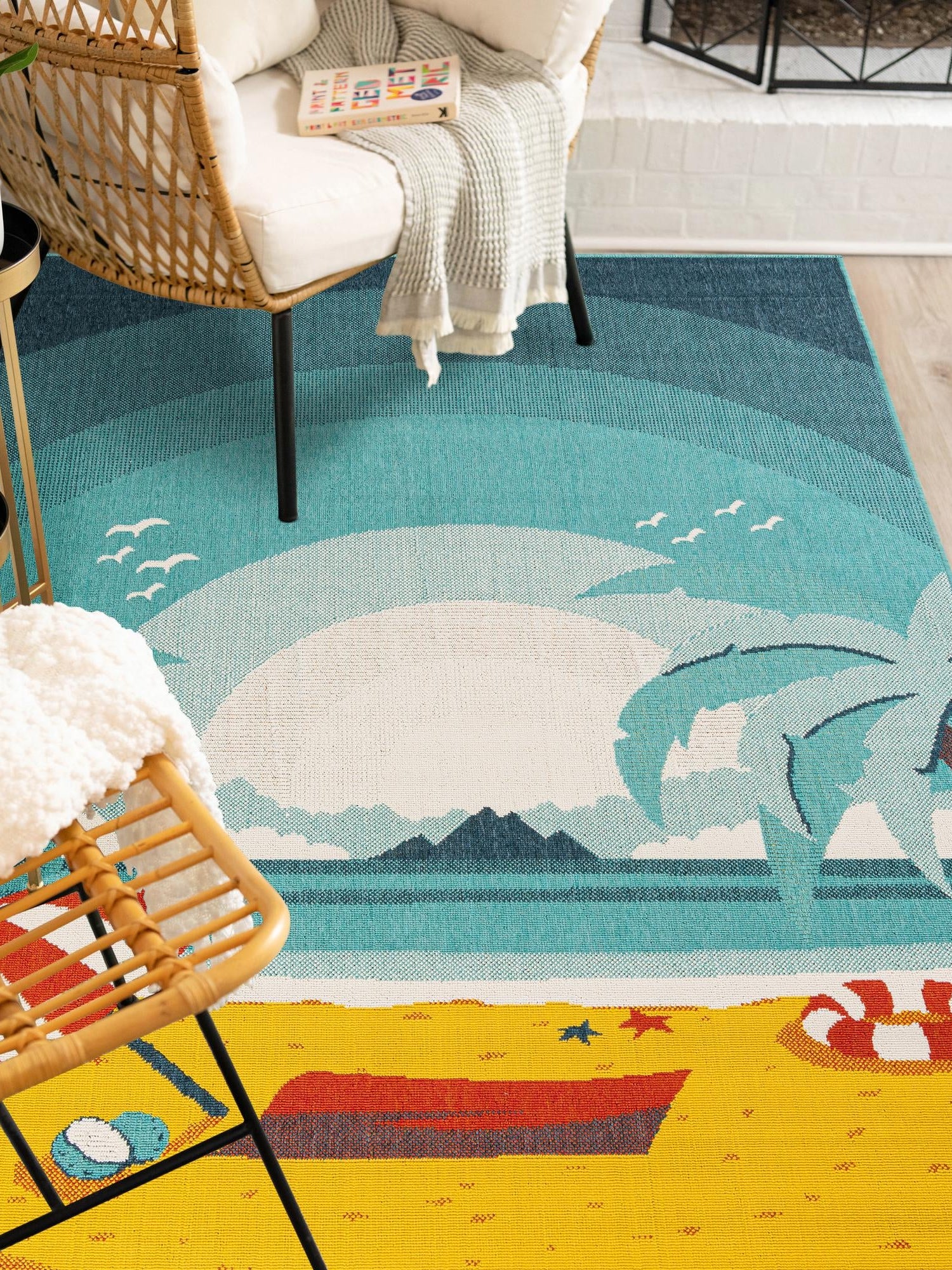 Multicolor 7' 10 x 10' Outdoor Coastal Rectangle Area Rug Weather Resistant for Patio, Deck, Terrace, Balcony, Porch 100% Polypropylene Coastal Decor Carpet for Sale at Rug Engine