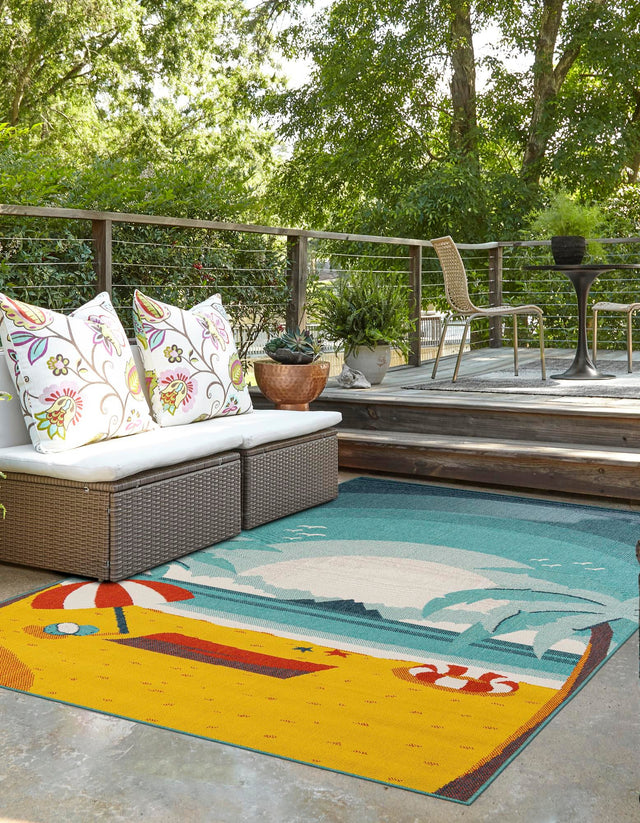 Multicolor 4' 1 x 6' 1 Outdoor Coastal Rectangle Area Rug Weather Resistant for Patio, Deck, Terrace, Balcony, Porch 100% Polypropylene Coastal Decor Carpet for Sale at Rug Engine