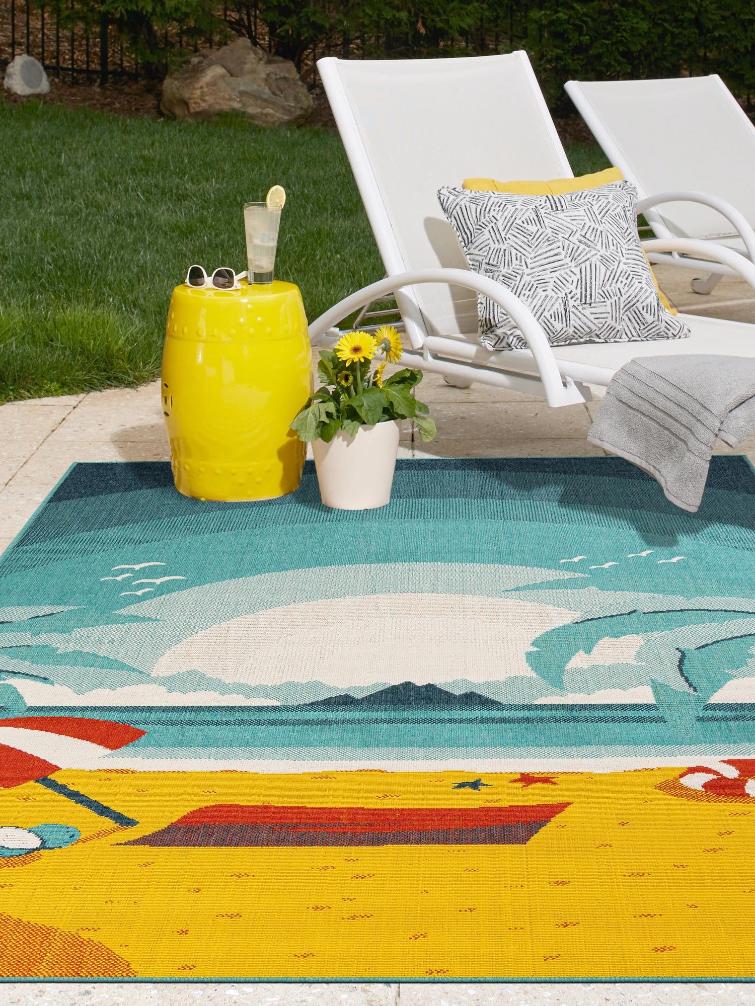Multicolor 9' x 12' Outdoor Coastal Rectangle Area Rug Weather Resistant for Patio, Deck, Terrace, Balcony, Porch 100% Polypropylene Coastal Decor Carpet for Sale at Rug Engine