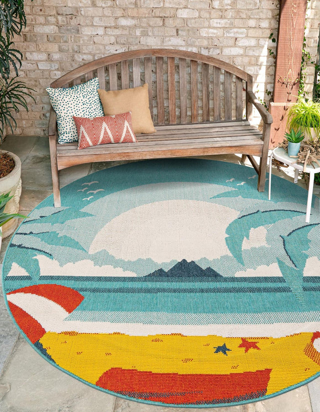 Multicolor 4' 1 x 4' 1 Outdoor Coastal Round Area Rug Weather Resistant for Patio, Deck, Terrace, Balcony, Porch 100% Polypropylene Coastal Decor Carpet for Sale at Rug Engine