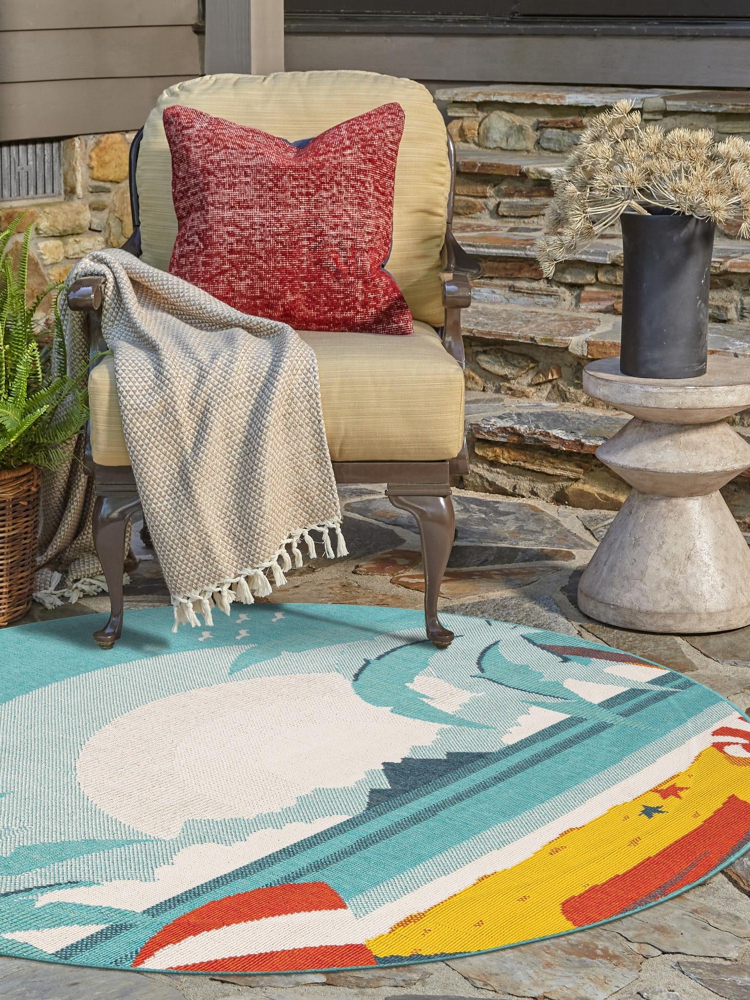 Multicolor 5' 1 x 5' 1 Outdoor Coastal Round Area Rug Weather Resistant for Patio, Deck, Terrace, Balcony, Porch 100% Polypropylene Coastal Decor Carpet for Sale at Rug Engine