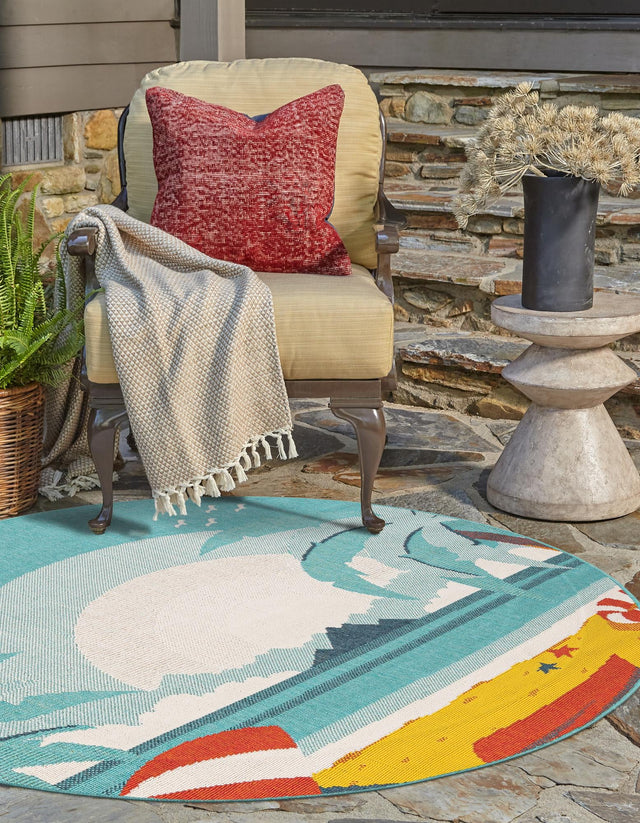 Multicolor 7' 10 x 7' 10 Outdoor Coastal Round Area Rug Weather Resistant for Patio, Deck, Terrace, Balcony, Porch 100% Polypropylene Coastal Decor Carpet for Sale at Rug Engine
