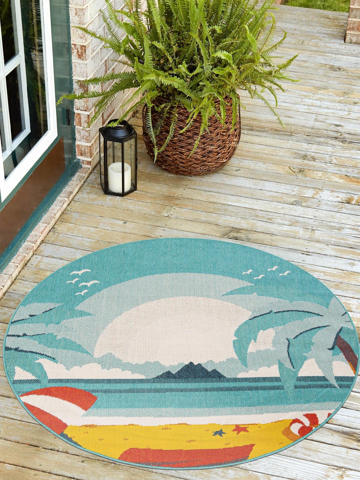 Multicolor 6' 1 x 6' 1 Outdoor Coastal Round Area Rug Weather Resistant for Patio, Deck, Terrace, Balcony, Porch 100% Polypropylene Coastal Decor Carpet for Sale at Rug Engine