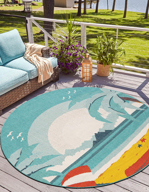 Multicolor 4' 1 x 4' 1 Outdoor Coastal Round Area Rug Weather Resistant for Patio, Deck, Terrace, Balcony, Porch 100% Polypropylene Coastal Decor Carpet for Sale at Rug Engine