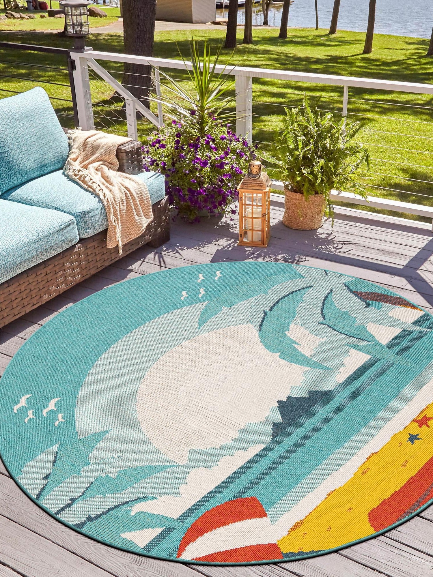 Multicolor 6' 1 x 6' 1 Outdoor Coastal Round Area Rug Weather Resistant for Patio, Deck, Terrace, Balcony, Porch 100% Polypropylene Coastal Decor Carpet for Sale at Rug Engine