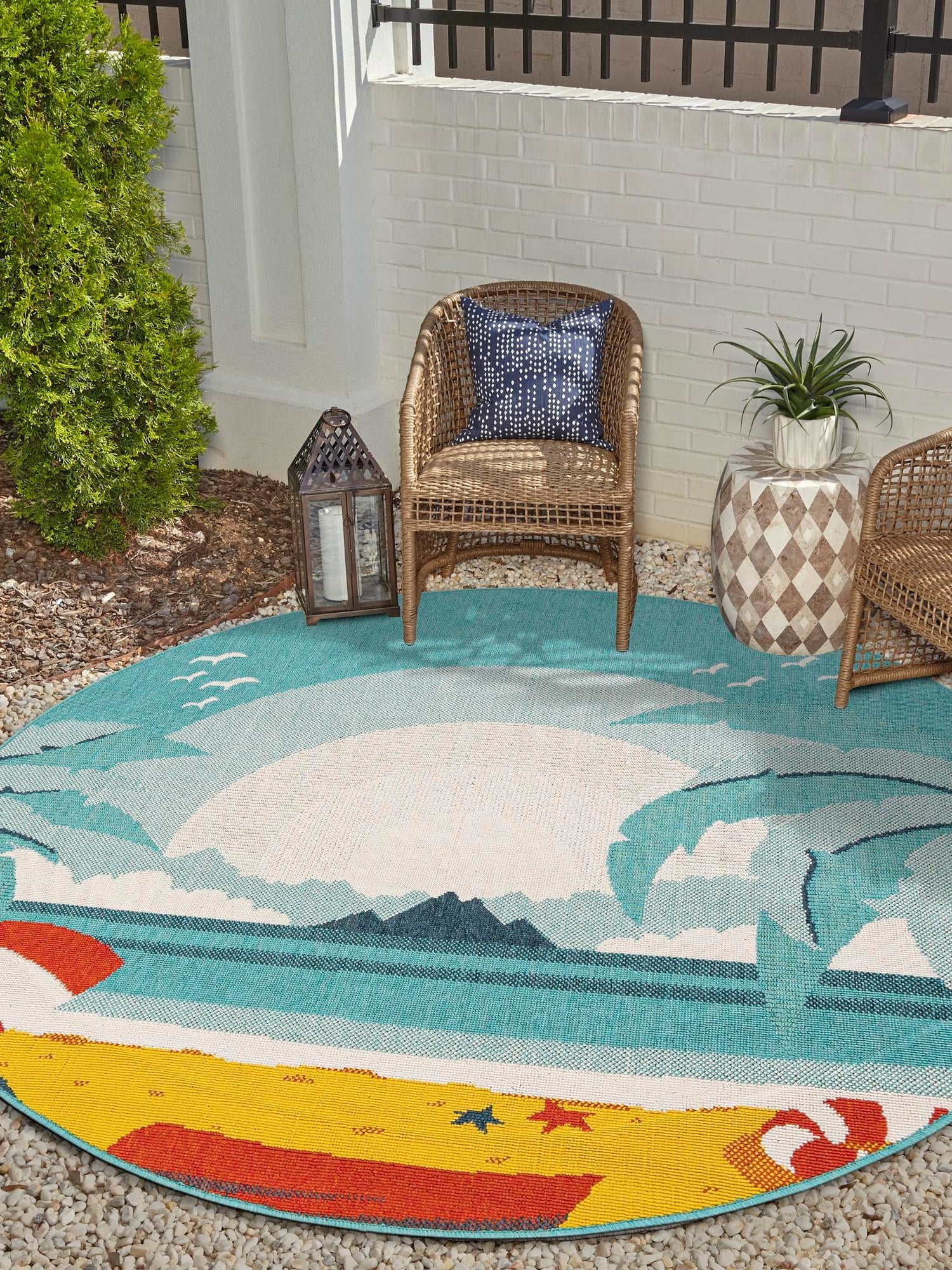 Multicolor 6' 1 x 6' 1 Outdoor Coastal Round Area Rug Weather Resistant for Patio, Deck, Terrace, Balcony, Porch 100% Polypropylene Coastal Decor Carpet for Sale at Rug Engine