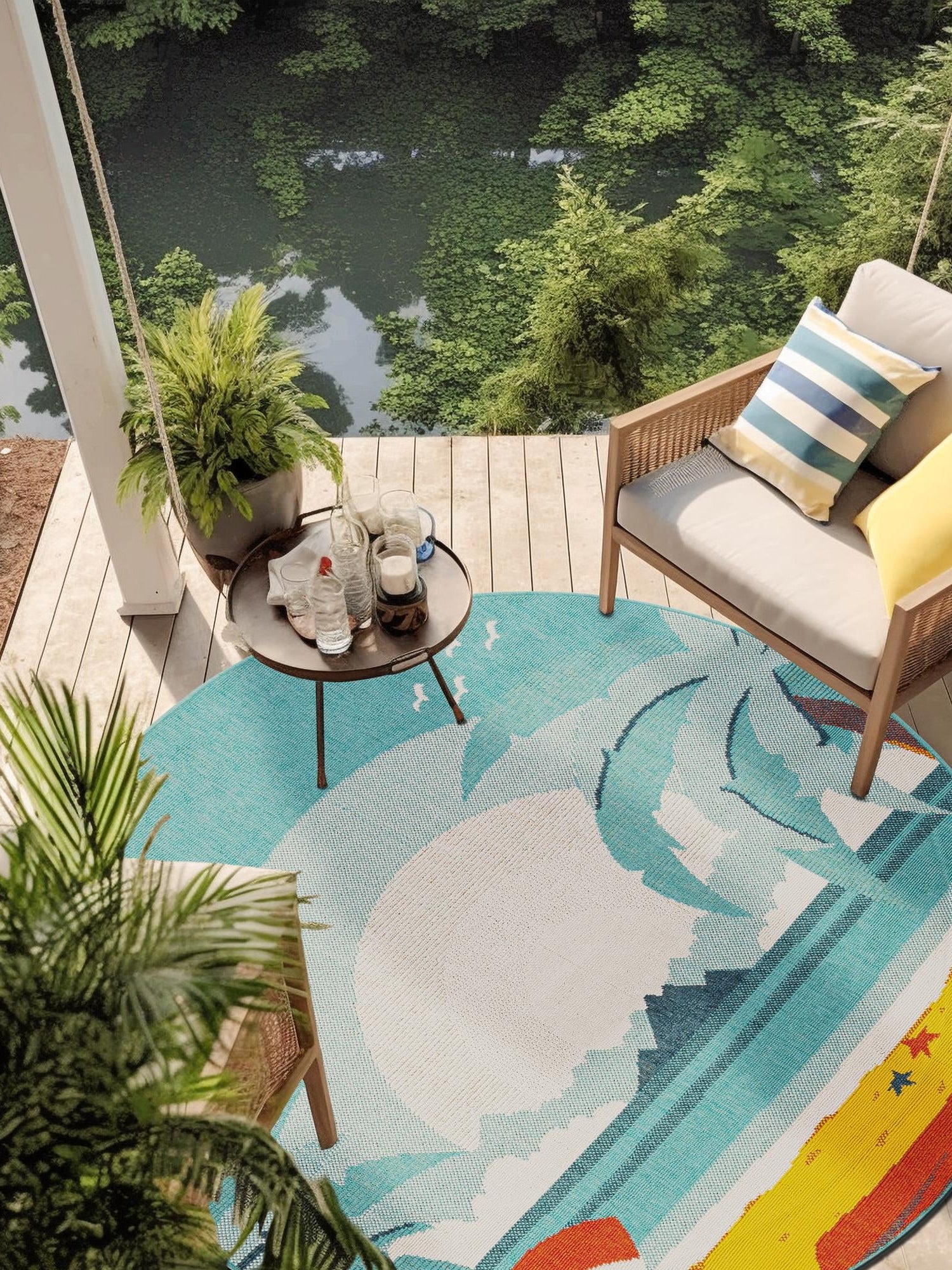 Multicolor 6' 1 x 6' 1 Outdoor Coastal Round Area Rug Weather Resistant for Patio, Deck, Terrace, Balcony, Porch 100% Polypropylene Coastal Decor Carpet for Sale at Rug Engine