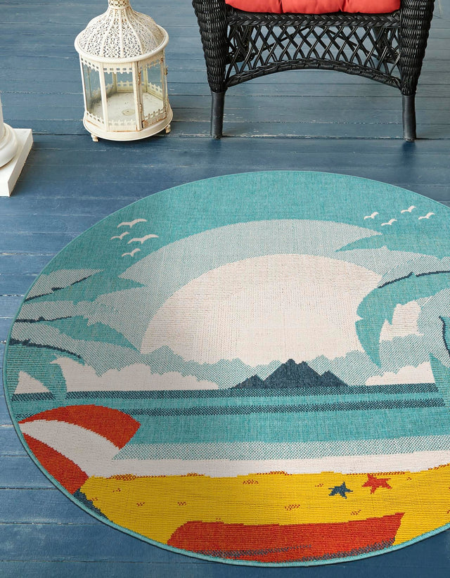 Multicolor 7' 10 x 7' 10 Outdoor Coastal Round Area Rug Weather Resistant for Patio, Deck, Terrace, Balcony, Porch 100% Polypropylene Coastal Decor Carpet for Sale at Rug Engine