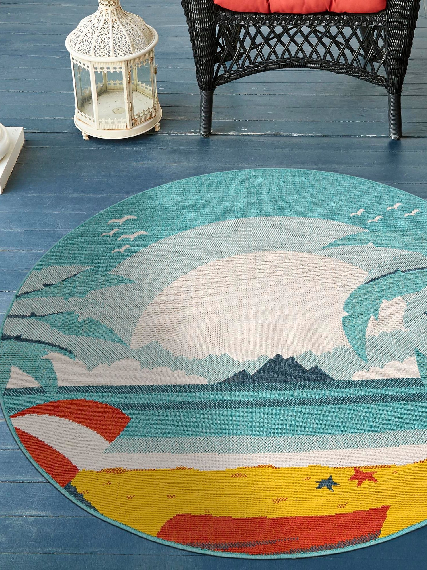 Multicolor 6' 1 x 6' 1 Outdoor Coastal Round Area Rug Weather Resistant for Patio, Deck, Terrace, Balcony, Porch 100% Polypropylene Coastal Decor Carpet for Sale at Rug Engine