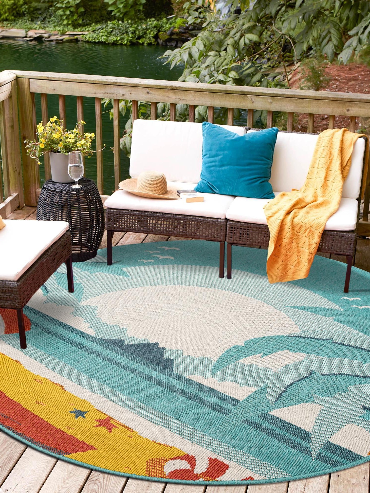 Multicolor 7' 10 x 7' 10 Outdoor Coastal Round Area Rug Weather Resistant for Patio, Deck, Terrace, Balcony, Porch 100% Polypropylene Coastal Decor Carpet for Sale at Rug Engine