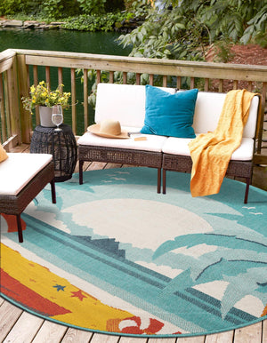 Multicolor 7' 10 x 7' 10 Outdoor Coastal Round Area Rug Weather Resistant for Patio, Deck, Terrace, Balcony, Porch 100% Polypropylene Coastal Decor Carpet for Sale at Rug Engine