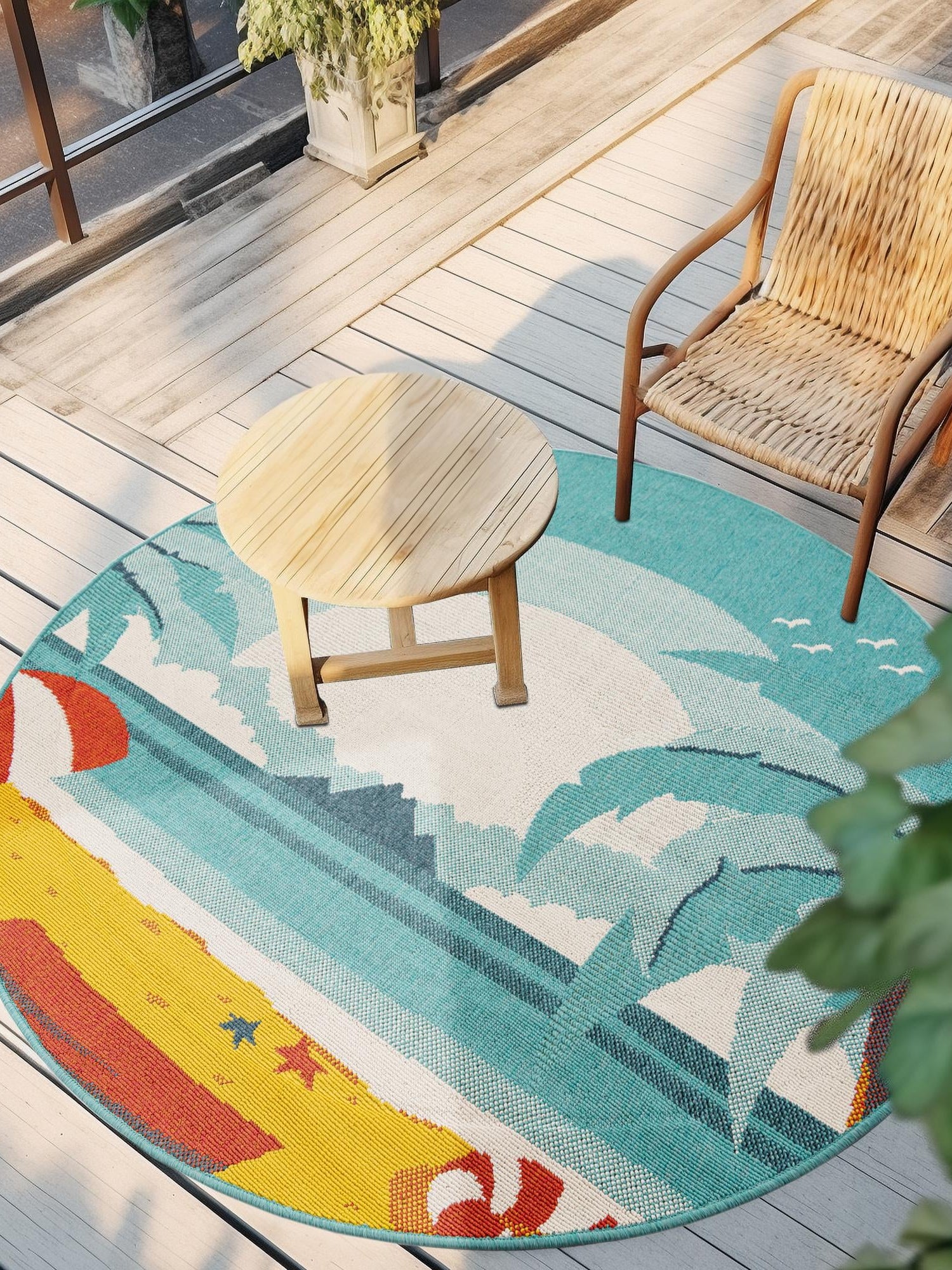 Multicolor 7' 10 x 7' 10 Outdoor Coastal Round Area Rug Weather Resistant for Patio, Deck, Terrace, Balcony, Porch 100% Polypropylene Coastal Decor Carpet for Sale at Rug Engine