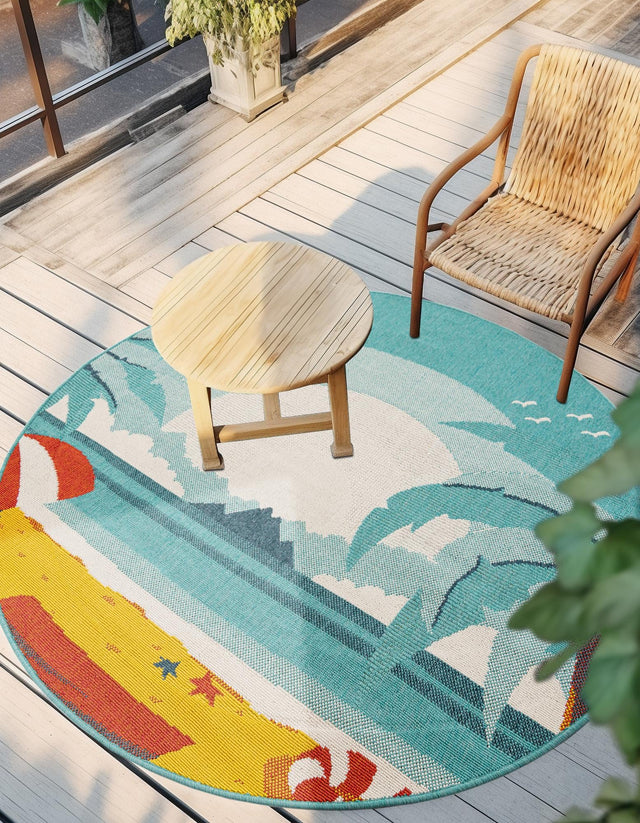 Multicolor 7' 10 x 7' 10 Outdoor Coastal Round Area Rug Weather Resistant for Patio, Deck, Terrace, Balcony, Porch 100% Polypropylene Coastal Decor Carpet for Sale at Rug Engine
