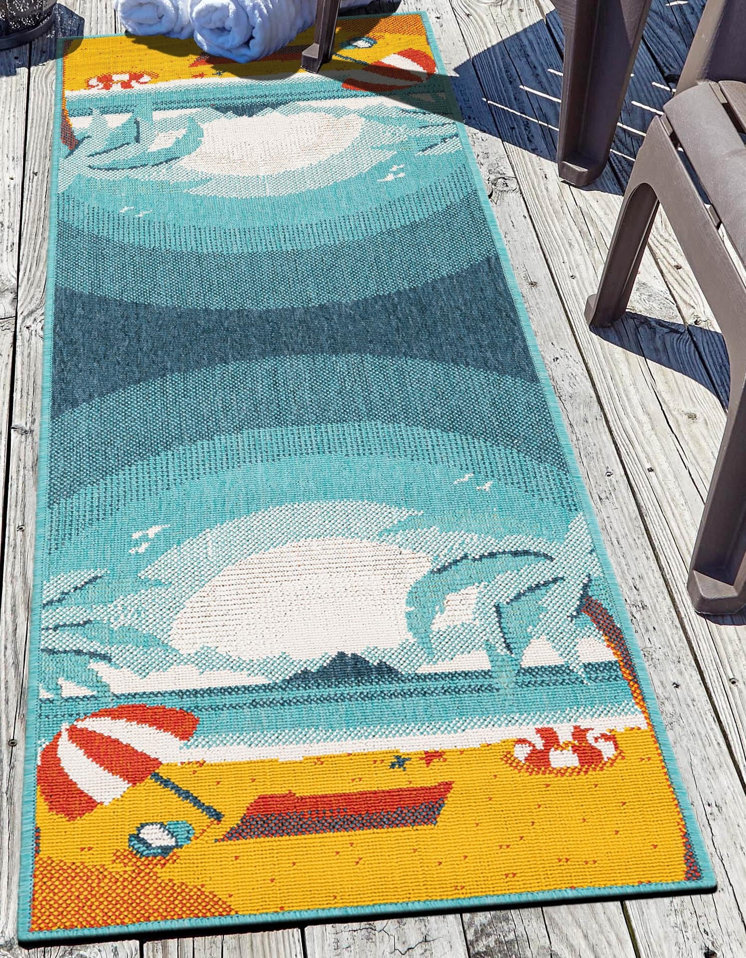 Multicolor 2' x 8' Outdoor Coastal Runner Area Rug Weather Resistant for Patio, Deck, Terrace, Balcony, Porch 100% Polypropylene Coastal Decor Carpet for Sale at Rug Engine