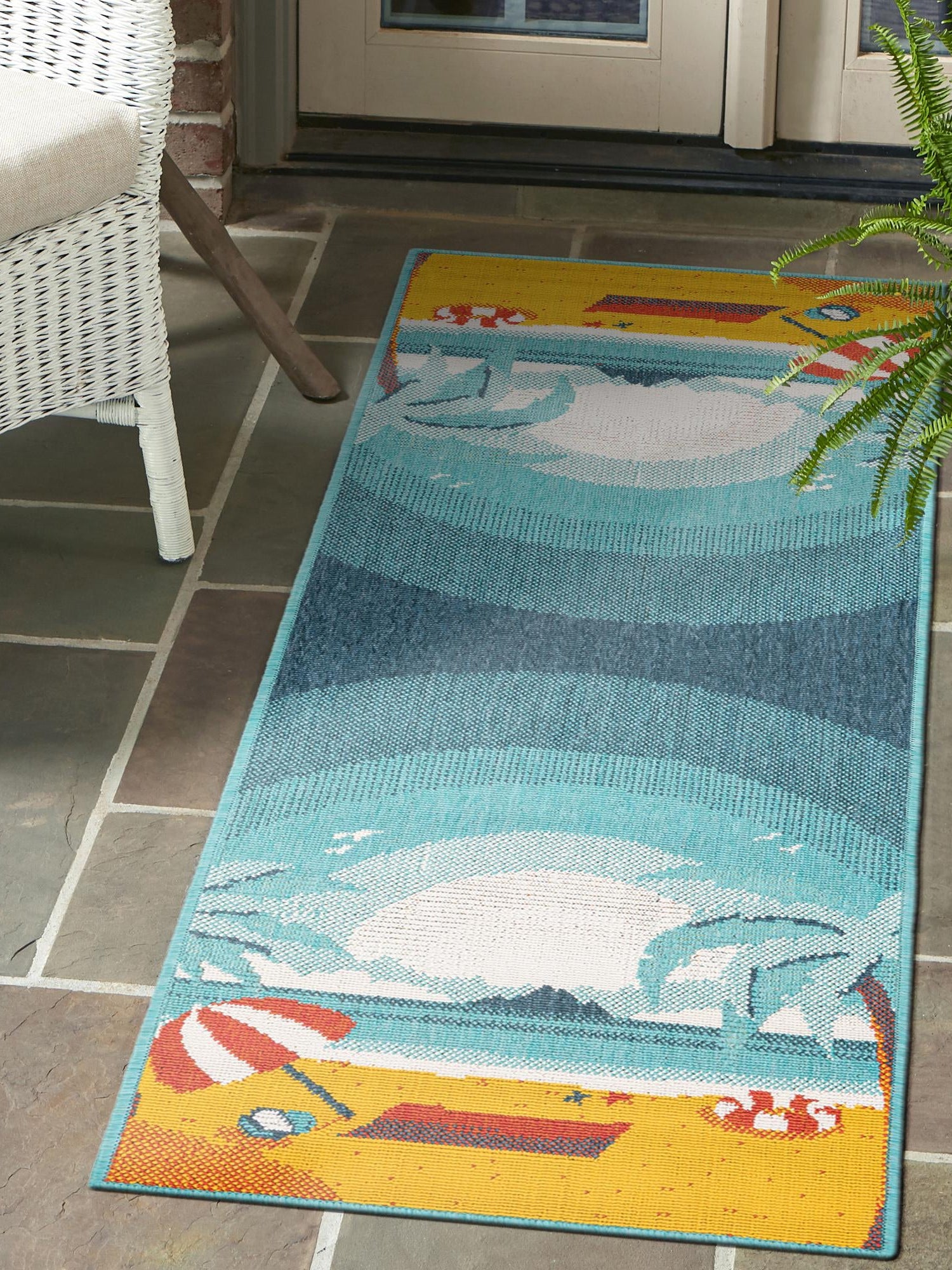 Multicolor 2' x 6' 1 Outdoor Coastal Runner Area Rug Weather Resistant for Patio, Deck, Terrace, Balcony, Porch 100% Polypropylene Coastal Decor Carpet for Sale at Rug Engine