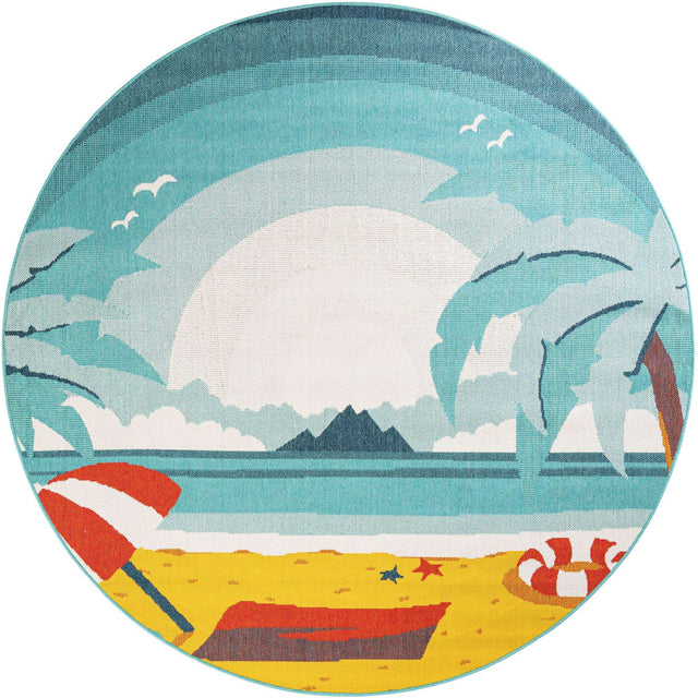 Multicolor 7' 10 x 7' 10 Outdoor Coastal Round Area Rug Weather Resistant for Patio, Deck, Terrace, Balcony, Porch 100% Polypropylene Coastal Decor Carpet for Sale at Rug Engine