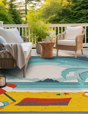 Multicolor 7' 10 x 7' 10 Outdoor Coastal Square Area Rug Weather Resistant for Patio, Deck, Terrace, Balcony, Porch 100% Polypropylene Coastal Decor Carpet for Sale at Rug Engine