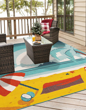 Multicolor 7' 10 x 7' 10 Outdoor Coastal Square Area Rug Weather Resistant for Patio, Deck, Terrace, Balcony, Porch 100% Polypropylene Coastal Decor Carpet for Sale at Rug Engine