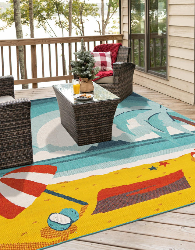 Multicolor 7' 10 x 7' 10 Outdoor Coastal Square Area Rug Weather Resistant for Patio, Deck, Terrace, Balcony, Porch 100% Polypropylene Coastal Decor Carpet for Sale at Rug Engine