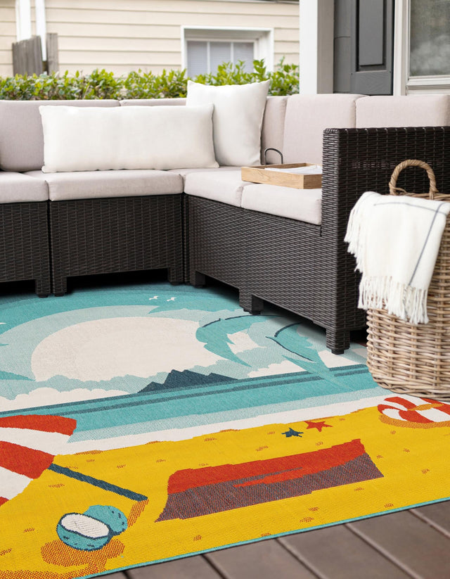 Multicolor 7' 10 x 7' 10 Outdoor Coastal Square Area Rug Weather Resistant for Patio, Deck, Terrace, Balcony, Porch 100% Polypropylene Coastal Decor Carpet for Sale at Rug Engine