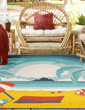 Multicolor 7' 10 x 7' 10 Outdoor Coastal Square Area Rug Weather Resistant for Patio, Deck, Terrace, Balcony, Porch 100% Polypropylene Coastal Decor Carpet for Sale at Rug Engine