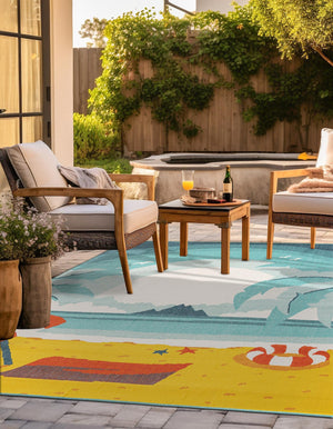 Multicolor 7' 10 x 7' 10 Outdoor Coastal Square Area Rug Weather Resistant for Patio, Deck, Terrace, Balcony, Porch 100% Polypropylene Coastal Decor Carpet for Sale at Rug Engine