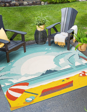 Multicolor 7' 10 x 7' 10 Outdoor Coastal Square Area Rug Weather Resistant for Patio, Deck, Terrace, Balcony, Porch 100% Polypropylene Coastal Decor Carpet for Sale at Rug Engine