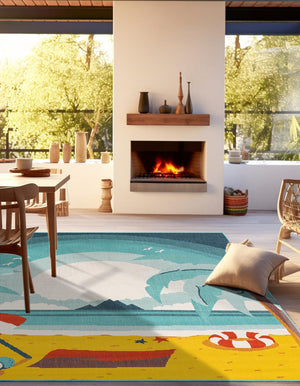 Multicolor 7' 10 x 7' 10 Outdoor Coastal Square Area Rug Weather Resistant for Patio, Deck, Terrace, Balcony, Porch 100% Polypropylene Coastal Decor Carpet for Sale at Rug Engine