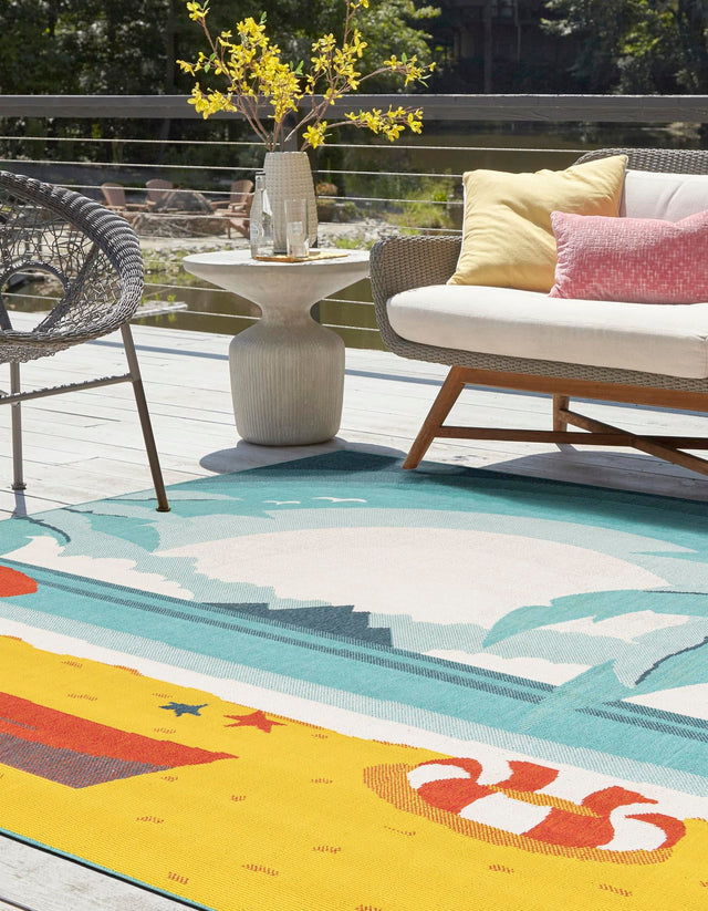 Multicolor 7' 10 x 7' 10 Outdoor Coastal Square Area Rug Weather Resistant for Patio, Deck, Terrace, Balcony, Porch 100% Polypropylene Coastal Decor Carpet for Sale at Rug Engine