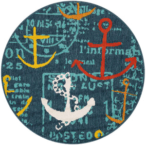Navy Blue 3' 1 x 3' 1 Outdoor Coastal Round Area Rug Weather Resistant for Patio, Deck, Terrace, Balcony, Porch 100% Polypropylene Coastal Decor Carpet for Sale at Rug Engine