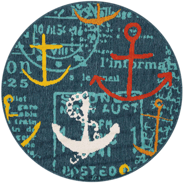 Navy Blue 3' 1 x 3' 1 Outdoor Coastal Round Area Rug Weather Resistant for Patio, Deck, Terrace, Balcony, Porch 100% Polypropylene Coastal Decor Carpet for Sale at Rug Engine