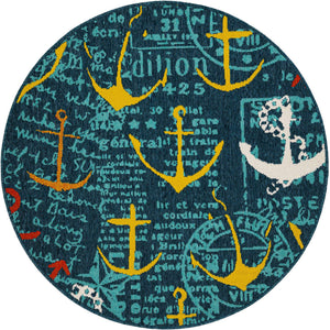 Navy Blue 4' 1 x 4' 1 Outdoor Coastal Round Area Rug Weather Resistant for Patio, Deck, Terrace, Balcony, Porch 100% Polypropylene Coastal Decor Carpet for Sale at Rug Engine