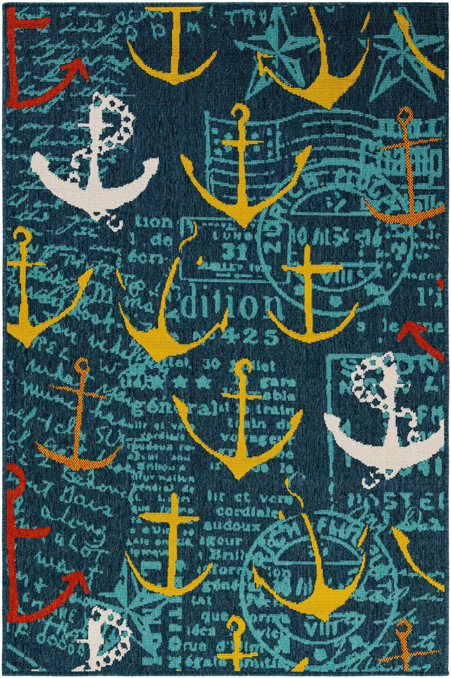 Navy Blue 4' 1 x 6' 1 Outdoor Coastal Rectangle Area Rug Weather Resistant for Patio, Deck, Terrace, Balcony, Porch 100% Polypropylene Coastal Decor Carpet for Sale at Rug Engine