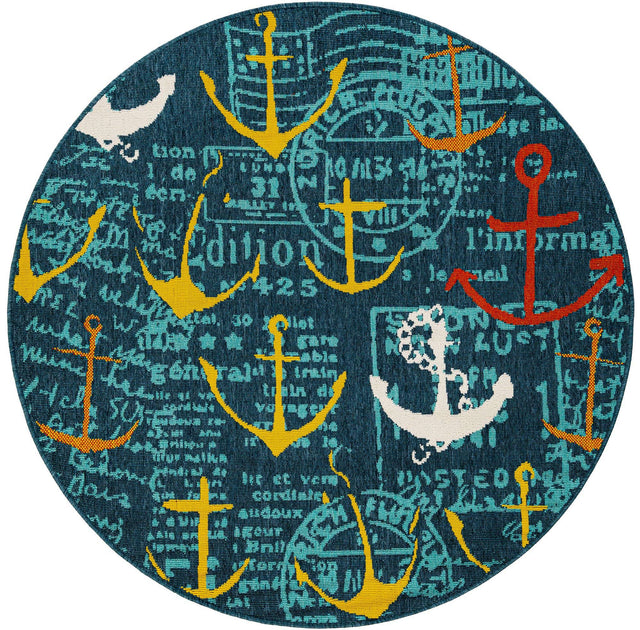 Navy Blue 5' 1 x 5' 1 Outdoor Coastal Round Area Rug Weather Resistant for Patio, Deck, Terrace, Balcony, Porch 100% Polypropylene Coastal Decor Carpet for Sale at Rug Engine