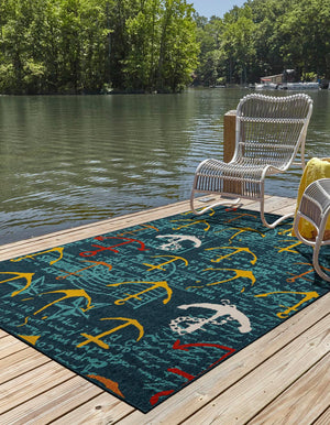 Navy Blue 10' x 14' 1 Outdoor Coastal Rectangle Area Rug Weather Resistant for Patio, Deck, Terrace, Balcony, Porch 100% Polypropylene Coastal Decor Carpet for Sale at Rug Engine