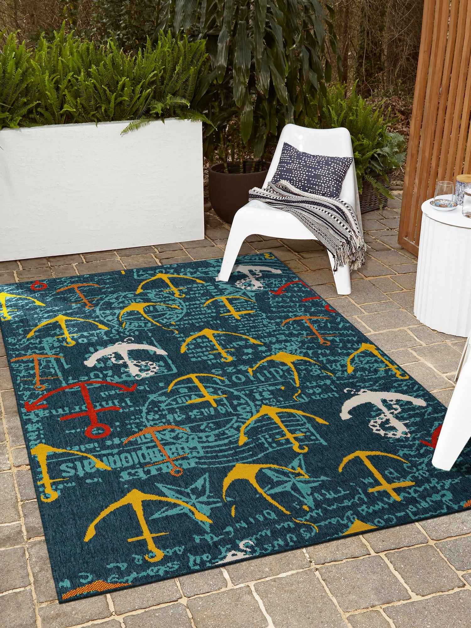 Navy Blue 6' 1 x 9' Outdoor Coastal Rectangle Area Rug Weather Resistant for Patio, Deck, Terrace, Balcony, Porch 100% Polypropylene Coastal Decor Carpet for Sale at Rug Engine