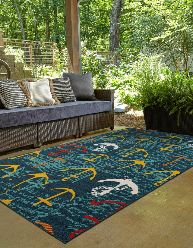 Navy Blue 10' x 14' 1 Outdoor Coastal Rectangle Area Rug Weather Resistant for Patio, Deck, Terrace, Balcony, Porch 100% Polypropylene Coastal Decor Carpet for Sale at Rug Engine