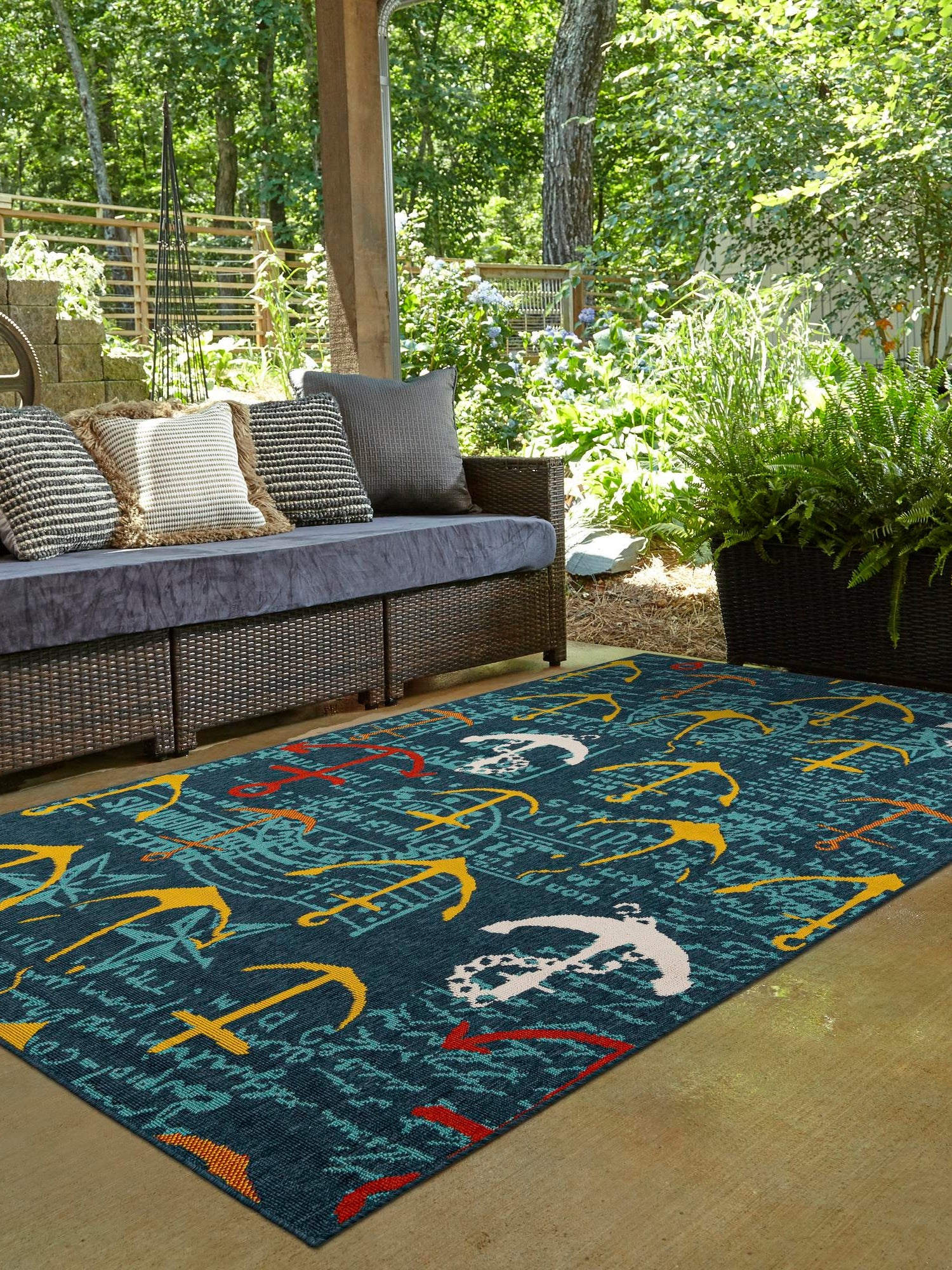 Navy Blue 2' x 3' 1 Outdoor Coastal Rectangle Area Rug Weather Resistant for Patio, Deck, Terrace, Balcony, Porch 100% Polypropylene Coastal Decor Carpet for Sale at Rug Engine