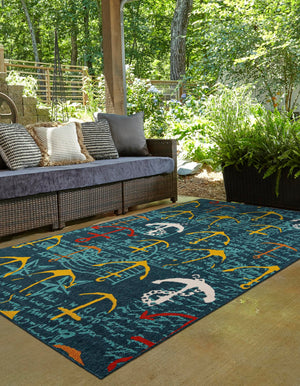Navy Blue 5' 1 x 8' Outdoor Coastal Rectangle Area Rug Weather Resistant for Patio, Deck, Terrace, Balcony, Porch 100% Polypropylene Coastal Decor Carpet for Sale at Rug Engine