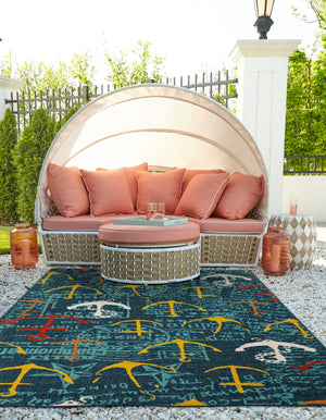 Navy Blue 6' 1 x 9' Outdoor Coastal Rectangle Area Rug Weather Resistant for Patio, Deck, Terrace, Balcony, Porch 100% Polypropylene Coastal Decor Carpet for Sale at Rug Engine