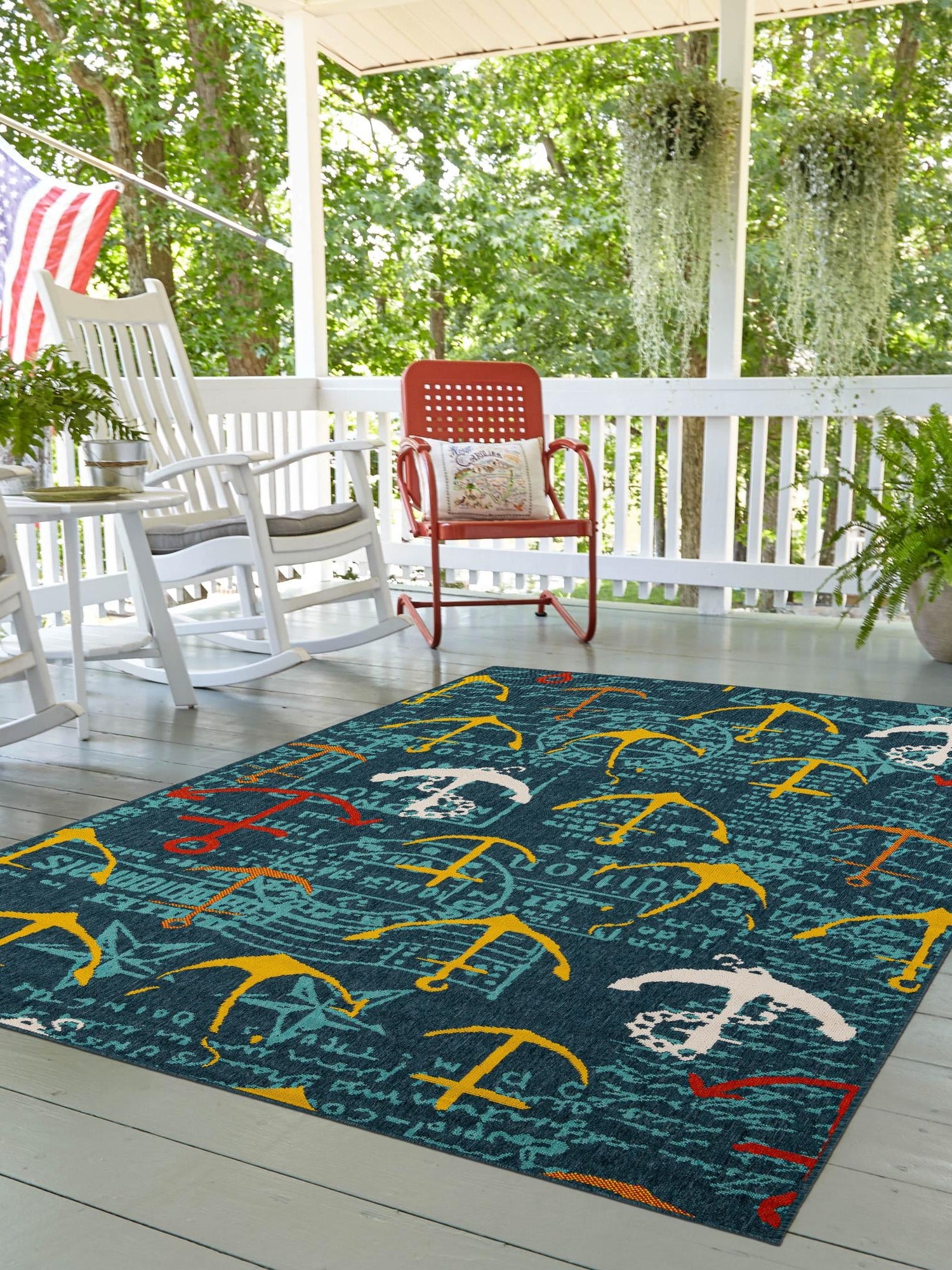 Navy Blue 9' x 12' Outdoor Coastal Rectangle Area Rug Weather Resistant for Patio, Deck, Terrace, Balcony, Porch 100% Polypropylene Coastal Decor Carpet for Sale at Rug Engine