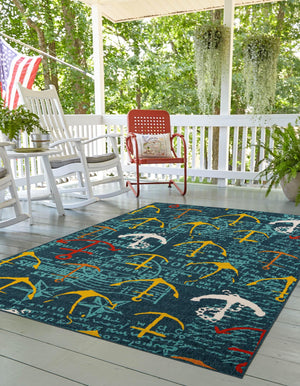 Navy Blue 6' 1 x 9' Outdoor Coastal Rectangle Area Rug Weather Resistant for Patio, Deck, Terrace, Balcony, Porch 100% Polypropylene Coastal Decor Carpet for Sale at Rug Engine