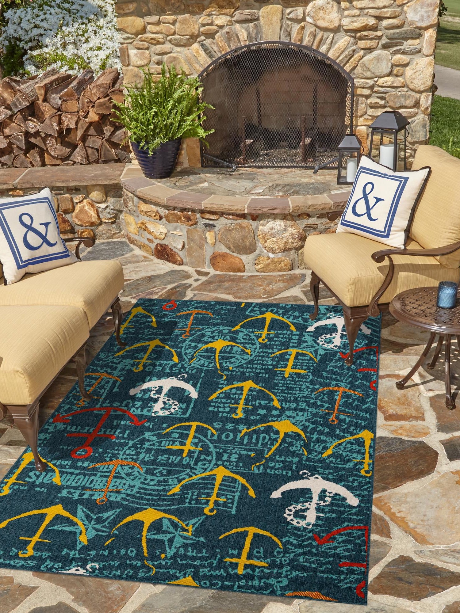 Navy Blue 9' x 12' Outdoor Coastal Rectangle Area Rug Weather Resistant for Patio, Deck, Terrace, Balcony, Porch 100% Polypropylene Coastal Decor Carpet for Sale at Rug Engine