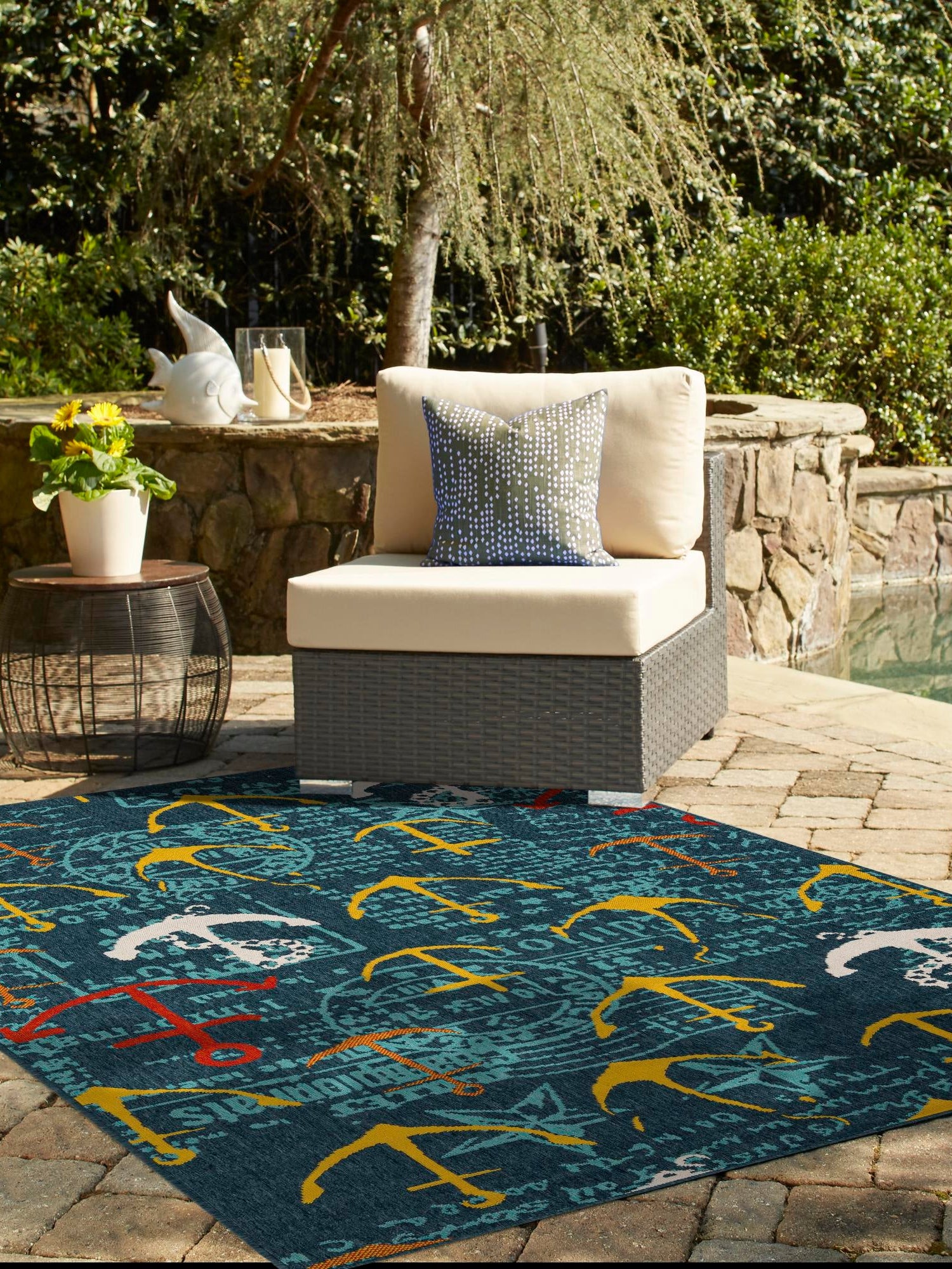 Navy Blue 7' 10 x 10' Outdoor Coastal Rectangle Area Rug Weather Resistant for Patio, Deck, Terrace, Balcony, Porch 100% Polypropylene Coastal Decor Carpet for Sale at Rug Engine
