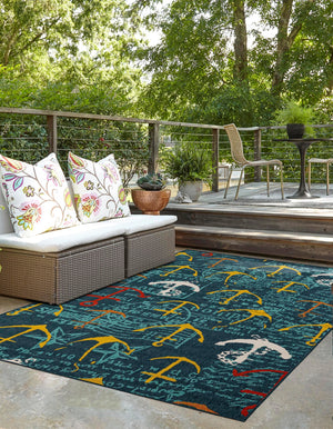 Navy Blue 10' x 14' 1 Outdoor Coastal Rectangle Area Rug Weather Resistant for Patio, Deck, Terrace, Balcony, Porch 100% Polypropylene Coastal Decor Carpet for Sale at Rug Engine