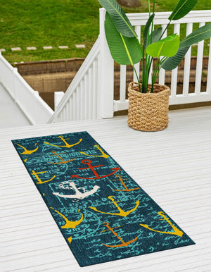 Navy Blue 2' x 6' 1 Outdoor Coastal Runner Area Rug Weather Resistant for Patio, Deck, Terrace, Balcony, Porch 100% Polypropylene Coastal Decor Carpet for Sale at Rug Engine